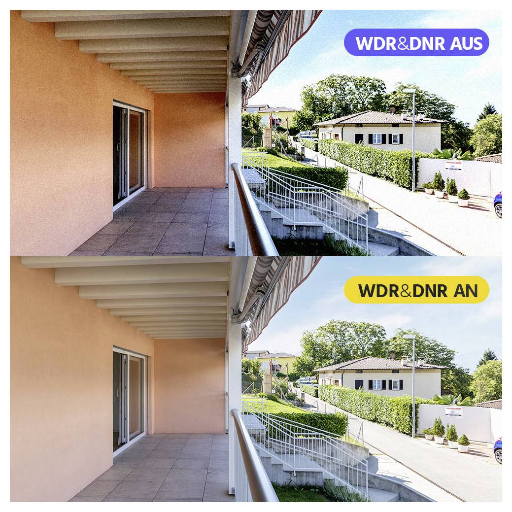 Oberes Bild: 'WDR&DNR AUS' zeigt eine Balkon- und Straßenansicht mit reduzierten Details. Unteres Bild: 'WDR&DNR AN' zeigt dieselbe Szene mit verbesserter Klarheit und lebendigen Farben.