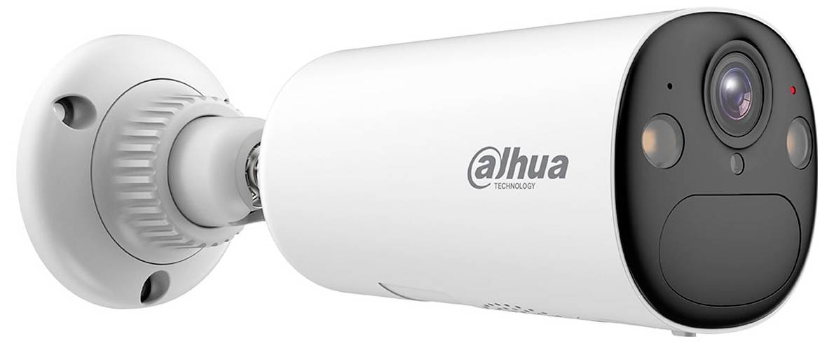 Sicherheitskamera von Dahua Technology, zylindrische Bauform, wandmontiert, zeigt Objektiv und Sensoren für Überwachungszwecke.