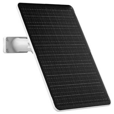 Ein schwarzes Solarpanel, das auf einem weißen, verstellbaren Halterung montiert ist, nach oben geneigt, geeignet zur Nutzung von Solarenergie.