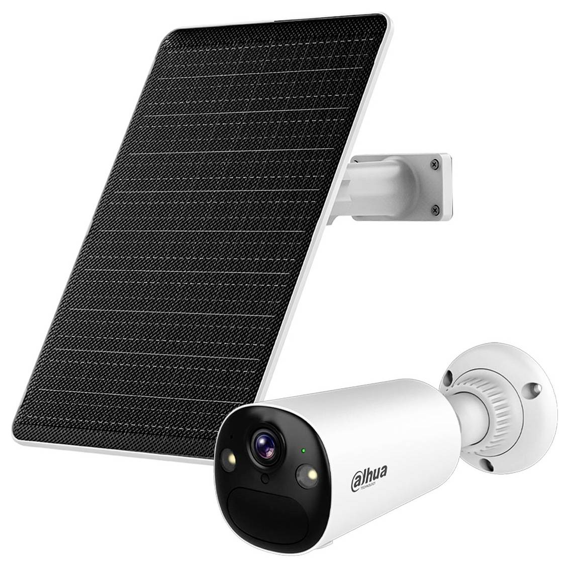 Solarbetriebene Sicherheitskamera mit weißem Gehäuse, die neben einem großen Solarmodul montiert ist und mit dem Dahua-Logo versehen ist.