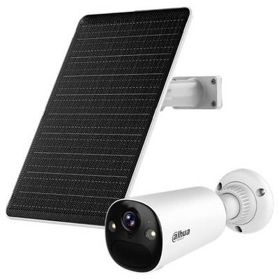 Solarbetriebene Sicherheitskamera mit weißem Gehäuse, die neben einem großen Solarmodul montiert ist und mit dem Dahua-Logo versehen ist.