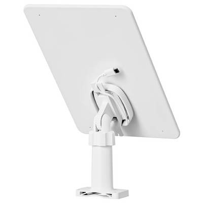 Eine weiße Satellitenschüssel mit rechteckiger Form, die auf einem Ständer montiert ist und bei der die Kabel sauber hinter ihr aufgewickelt sind.