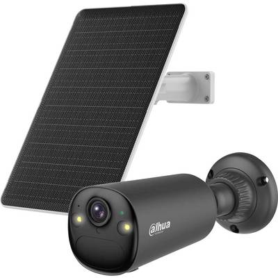 Eine schwarze Sicherheitskamera und ein Solarpanel, die gemeinsam montiert sind und den Einsatz erneuerbarer Energie für die Außenüberwachung hervorheben.