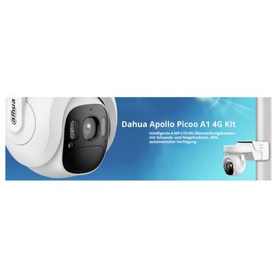 Dahua Apollo Picoo A1 4G Kit Werbung mit einer Nahaufnahme einer Sicherheitskamera und Text über ihre intelligenten Überwachungsfunktionen.