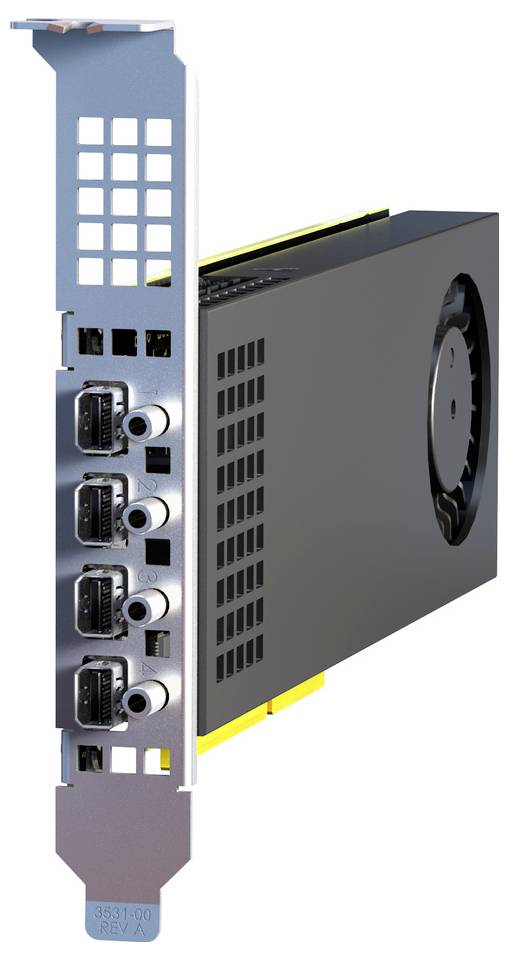 Grafikkarte mit vier Displayports und einem Kühlventilator. Entwickelt für Hardware-Upgrades und verbesserte visuelle Leistung.