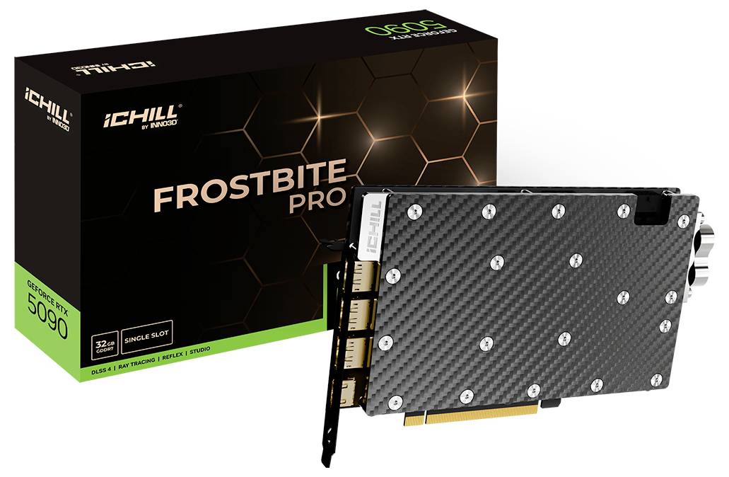 Grafikkarte 'iCHILL Frostbite Pro' mit Carbonfaser-Finish, mit Verpackung dargestellt. Merkmale umfassen 32 GB Arbeitsspeicher und DLSS 4.0-Unterstützung.