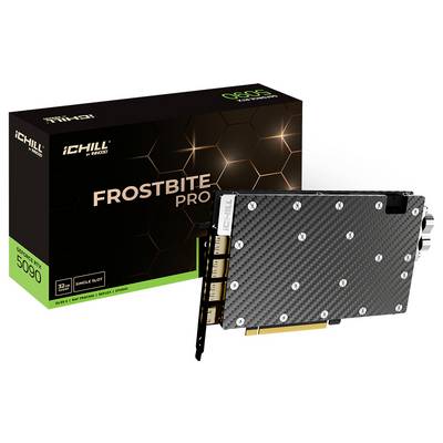 Grafikkarte 'iCHILL Frostbite Pro' mit Carbonfaser-Finish, mit Verpackung dargestellt. Merkmale umfassen 32 GB Arbeitsspeicher und DLSS 4.0-Unterstützung.