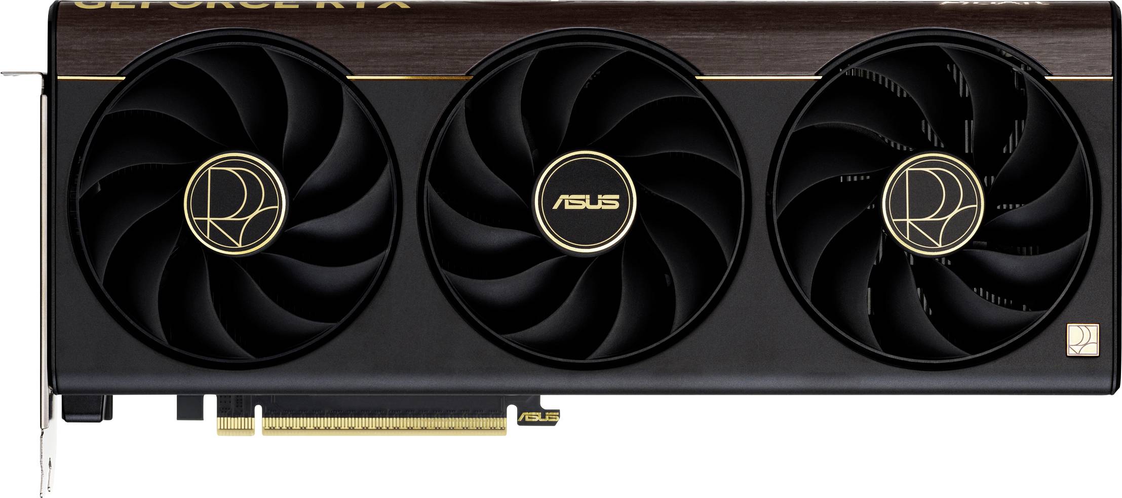 Eine schwarze Asus GeForce RTX Grafikkarte mit drei großen Kühlventilatoren und goldenen Akzenten, entwickelt für High-Performance-Gaming und Grafikaufgaben.