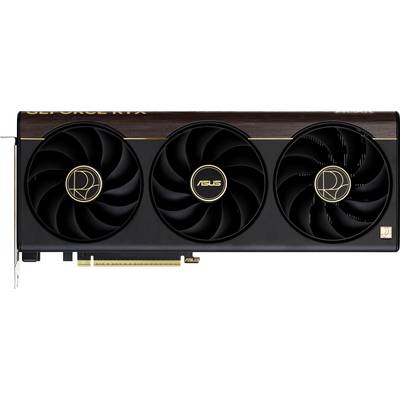 Eine schwarze Asus GeForce RTX Grafikkarte mit drei großen Kühlventilatoren und goldenen Akzenten, entwickelt für High-Performance-Gaming und Grafikaufgaben.