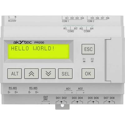 Ein digitales Displaypanel zeigt die Nachricht 'HELLO WORLD!' auf einem Gerät, das mit akYtec PR200 beschriftet ist. Das Gerät verfügt über verschiedene Steuerungstasten und Anschlussports.