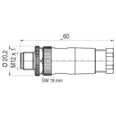 Eine technische Zeichnung eines zylindrischen M12-Steckverbinders mit Abmessungen: 60 mm Länge, 20,2 mm Durchmesser und SW 18 mm.