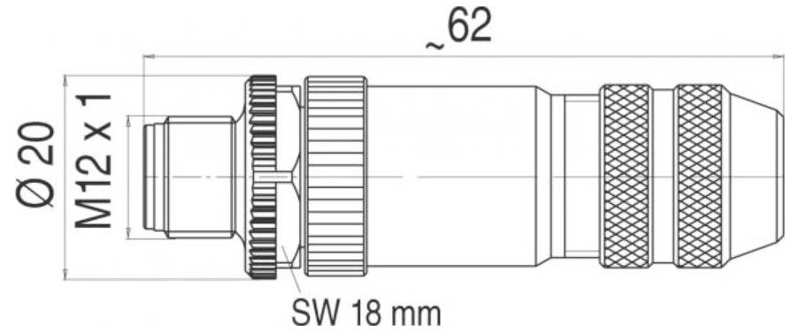 Technische Zeichnung eines Verbindungsstücks mit Maßen: 62 mm Länge, 20 mm Durchmesser, M12x1 Gewinde und SW 18 mm.