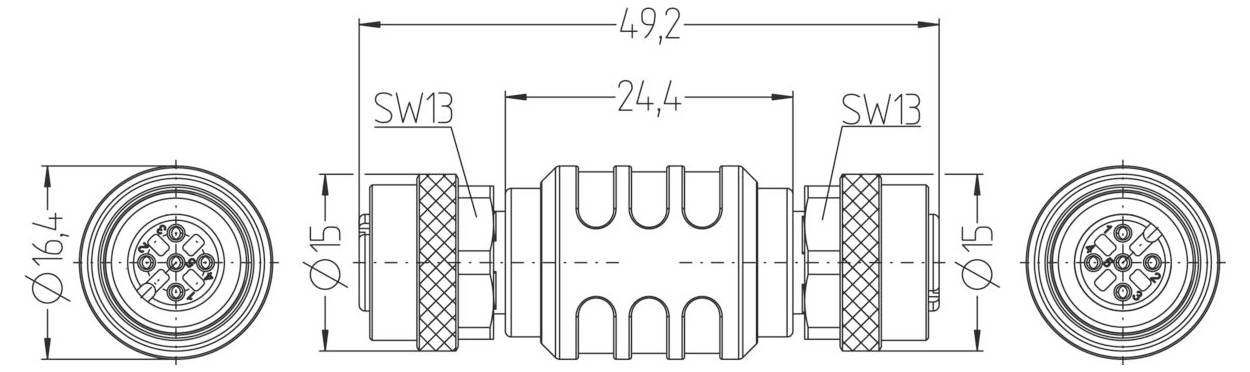 Technische Zeichnung eines zylindrischen Verbinders, beschriftet mit Abmessungen: Länge 49,2 mm, Mitte 24,4 mm, Endabmessungen 16,4 mm und 15 mm.