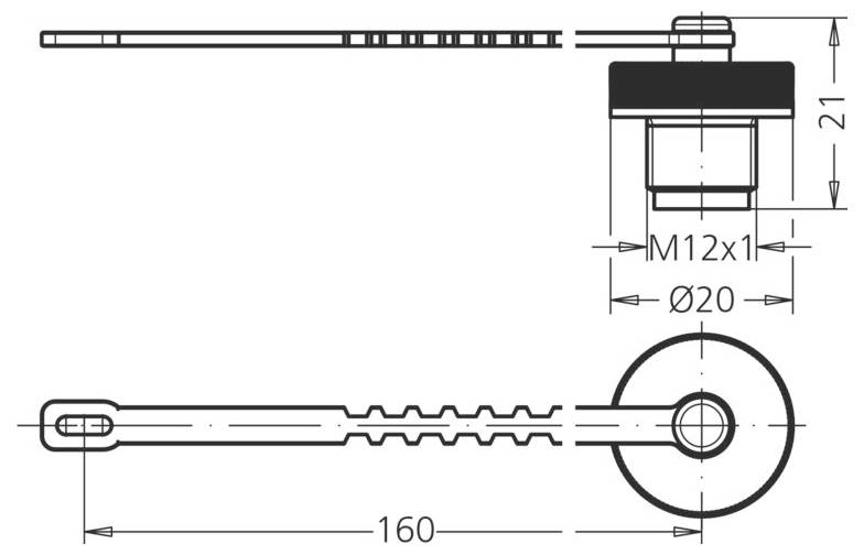 Technische Zeichnung einer Gewindestange mit Knopf, Seiten- und Frontansicht dargestellt. Maße: 160 Länge, 21 Höhe, Durchmesser Ø20, Gewinde M12x1.
