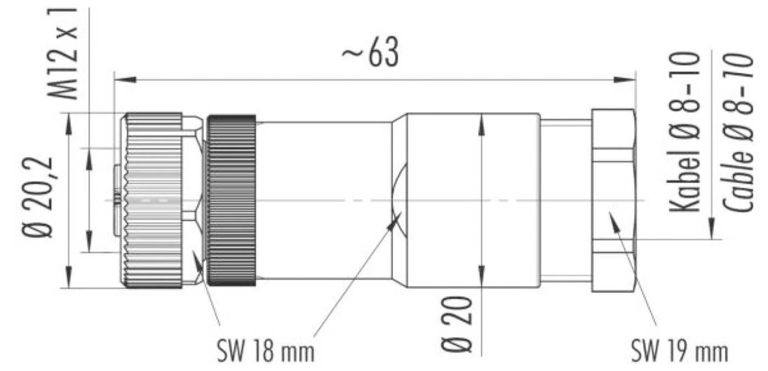 Technische Zeichnung eines zylindrischen Verbinders mit Abmessungen: Länge ~63 mm, Durchmesser ø20 und ø20,2, Kabel ø8-10 und M12x1 Gewinde.