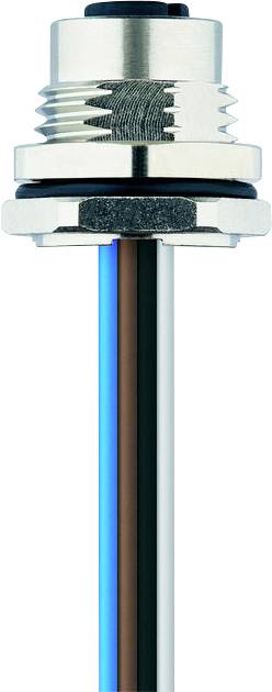 Ein Metallsensor mit einem gewindeten Gehäuse und vier farbigen Kabeln (braun, blau, schwarz, weiß), die nach unten verlaufen, vermutlich für elektrische Anschlüsse.