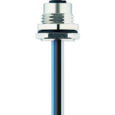 Ein Metallsensor mit einem gewindeten Gehäuse und vier farbigen Kabeln (braun, blau, schwarz, weiß), die nach unten verlaufen, vermutlich für elektrische Anschlüsse.