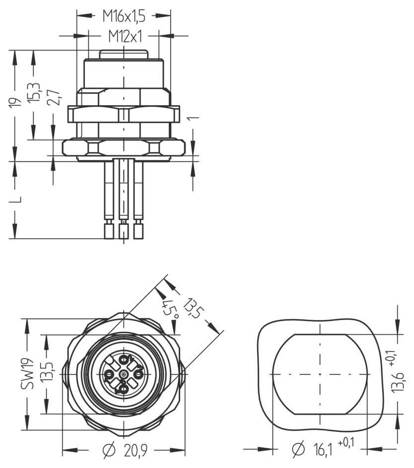 Technische Zeichnung eines Fünf-Pin-Steckverbinders mit Maßen. Frontansicht: 16 mm Breite, Draufsicht: runde Form, SW19-Größe. Seitenansicht: M16x1,5 Gewinde, 27 mm Höhe.