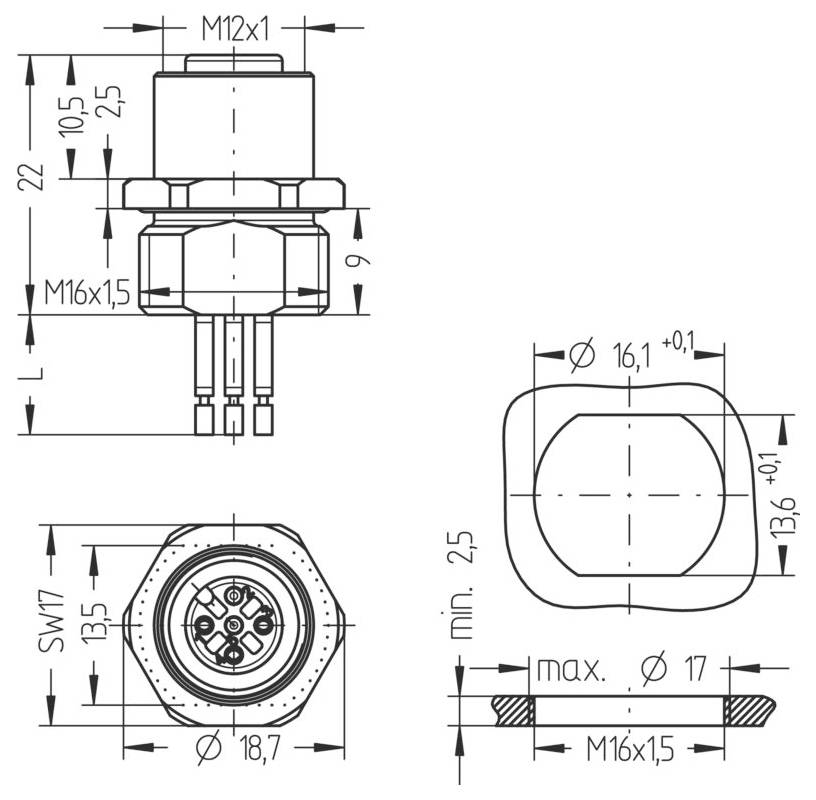 Technische Zeichnung eines M12x1-Anschlusses mit Abmessungen und Spezifikationen, einschließlich Seitenansicht, Bodenansicht und Details zur Plattendurchbruchsausführung.
