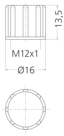 Technische Zeichnung mit einer zylindrischen Komponente und beschrifteten Dimensionen '13,5', 'Ø16' und 'M12x1'. Ansichten von oben und von der Seite sind dargestellt.