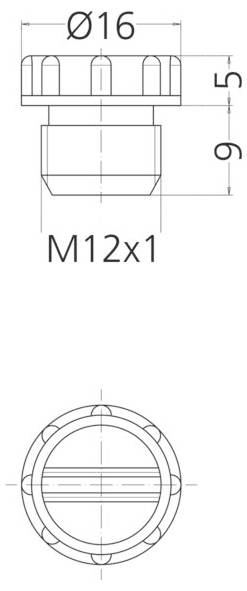 Technische Zeichnung einer zylindrischen Komponente mit Abmessungen: Durchmesser 16 mm, Höhe 6,5 mm und Gewindegröße M12x1. Ansichten von oben und der Seite dargestellt.
