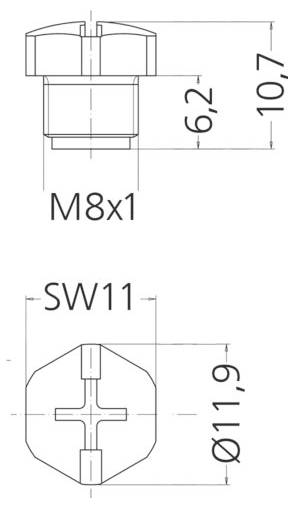 Technische Zeichnung eines Schraubendeckels mit Ansicht von oben und der Seite. Enthält Maße: Höhe 10,7 mm, Durchmesser 11,9 mm, Gewinde M8x1, Sechskantgröße SW11.