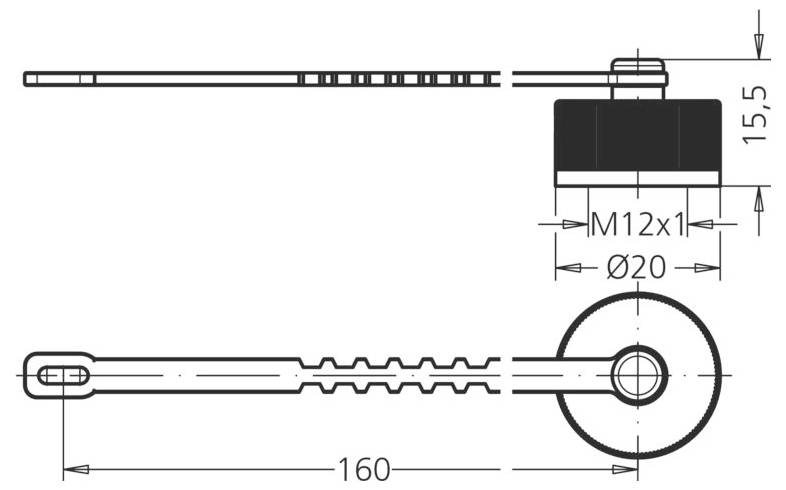 Technische Zeichnung eines Befestigungselements mit Maßangaben: Länge 160 mm, Breite 15,5 mm, Gewindeabschnitt M12x1, Durchmesser 20 mm.