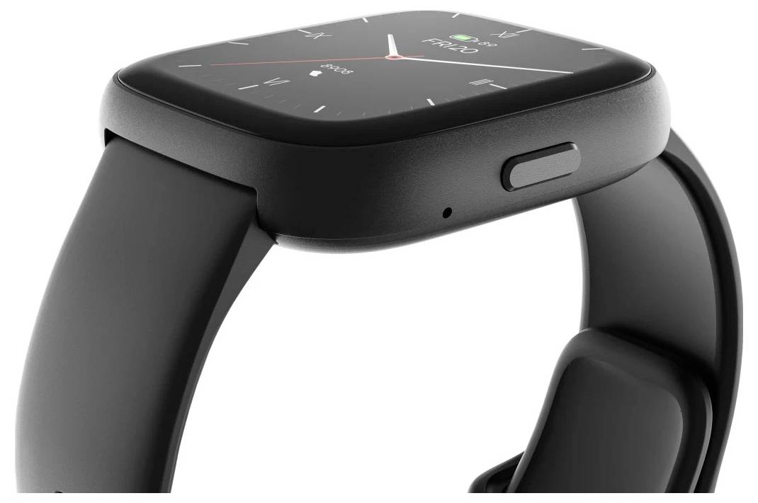 Eine schwarze Smartwatch mit quadratischem Gehäuse und schwarzem Armband, auf der ein einfaches analoges Zifferblatt mit Stunden- und Minutenzeigern zu sehen ist.