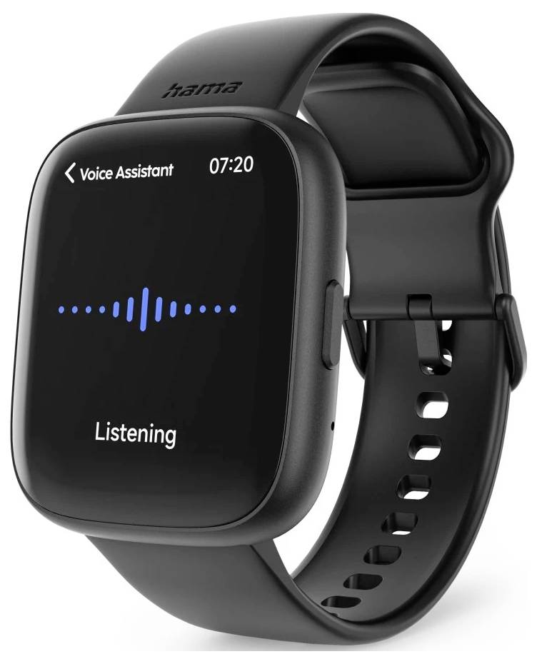 Eine Smartwatch mit einem dunklen Armband zeigt den Bildschirm des "Sprachassistenten" und weist den Status "Zuhören" mit Schallwellengrafiken aus.