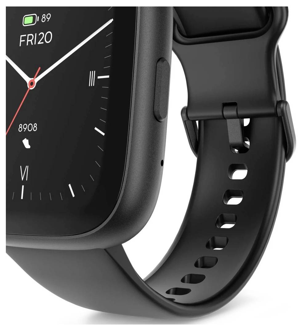 Eine schwarze Smartwatch, die "Freitag 20" anzeigt, den Batteriestatus, gezählte Schritte und ein Benachrichtigungssymbol für eine Nachricht auf ihrem interaktiven Bildschirm.