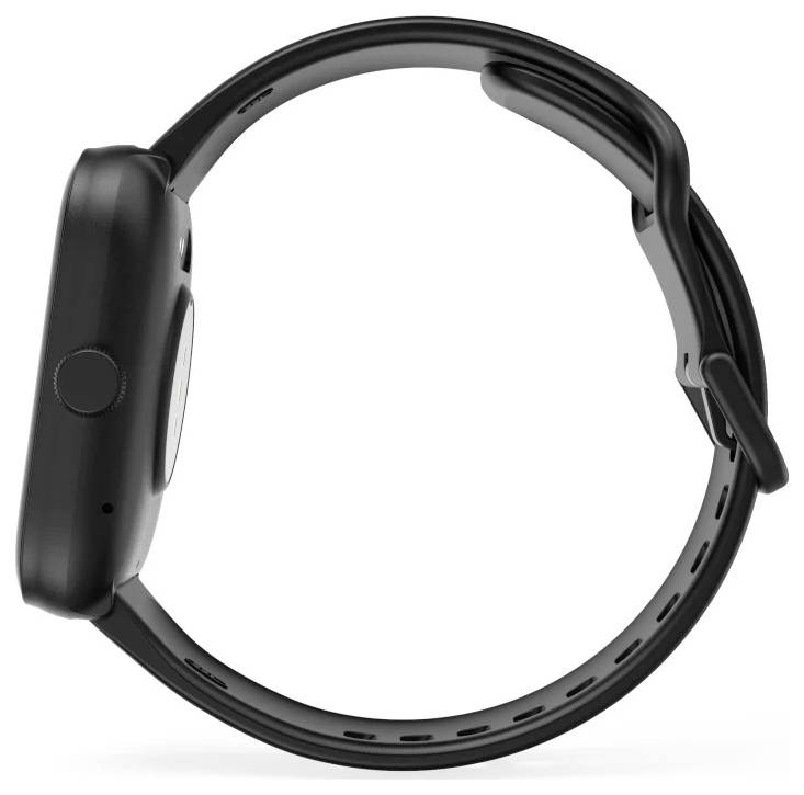 Eine schwarze Smartwatch mit elegantem Design wird von der Seite gezeigt, wobei ihre runde Taste und der verstellbare Riemen hervorgehoben werden.