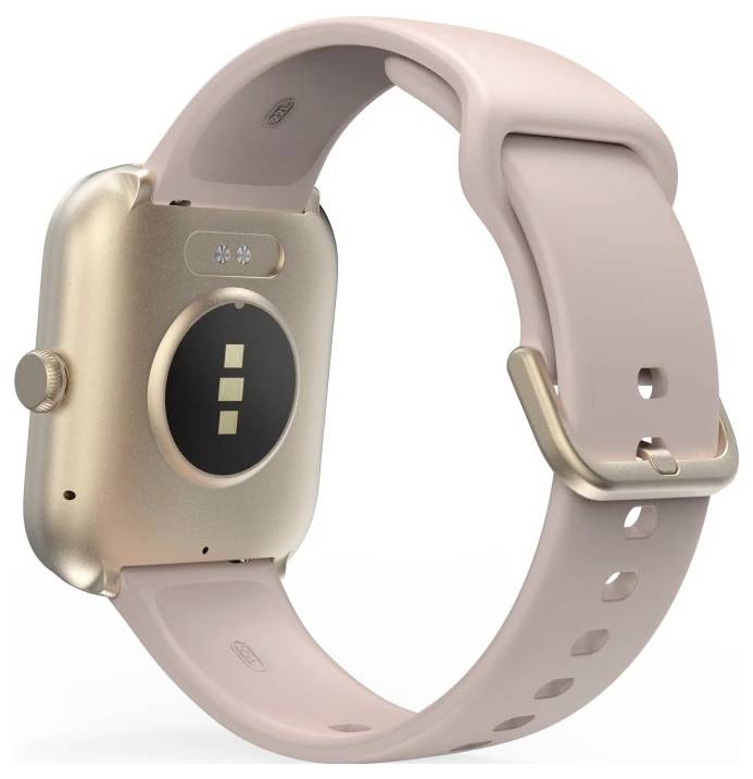 Smartwatch mit Goldgehäuse und hellrosa Silikonband, ausgestattet mit einem Herzfrequenzsensor auf der Rückseite und einer seitlichen Taste für Steuerungsfunktionen.