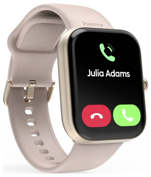 Eine Smartwatch mit einem rosa Armband zeigt einen eingehenden Anruf von 'Julia Adams' auf dem Bildschirm, mit grünen Annehmen- und roten Ablehnen-Tasten.