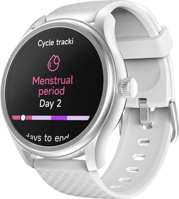 Smartwatch mit Anzeige "Zyklusverfolgung: Menstruationsperiode, Tag 2". Silbernes Armband, das einen Fortschrittsbalken und Gesundheits-Trackingfunktionen zeigt.