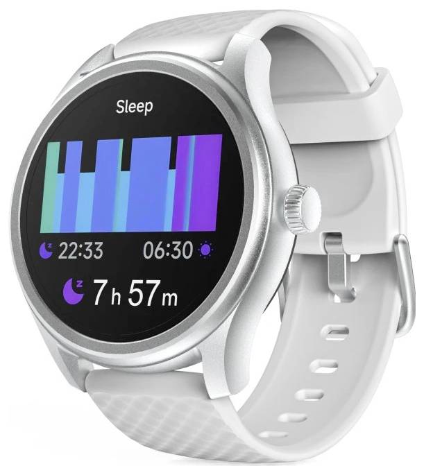 Eine Smartwatch, die Schlaf-Tracking-Daten anzeigt, mit einer Gesamtschlafdauer von 7 Stunden und 57 Minuten, mit Schlafzeiten von 22:33 bis 06:30.