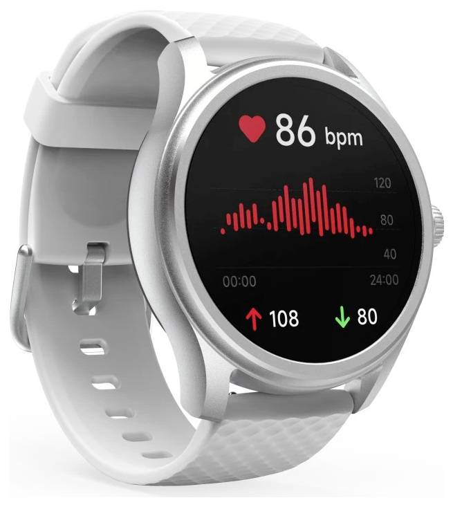 Eine Smartwatch zeigt eine Herzfrequenz von 86 Schlägen pro Minute mit einem Diagramm, das die Schwankungen über einen Zeitraum von 24 Stunden darstellt.