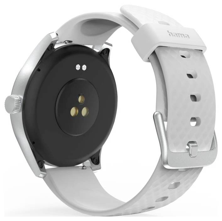 Eine Smartwatch mit einem weißen Armband und silberner Gehäuse, die ihre Rückseite mit einem Herzfrequenzmesser und Ladekontakten zeigt.