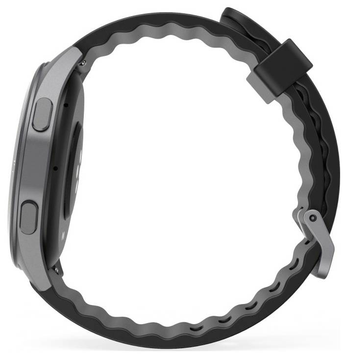 Eine Smartwatch aus Seitenansicht, die ihre Tasten und verstellbaren Armband zeigt.