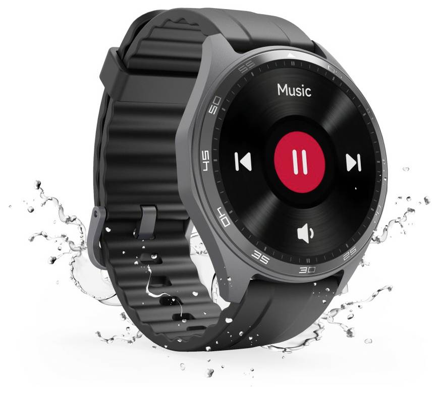 Eine schwarze intelligente Smartwatch mit sichtbarer 'Musik' App-Oberfläche, die Wiedergabe-, Pause- und Lautstärkesteuerungen zeigt, umgeben von Wasserspitzen.