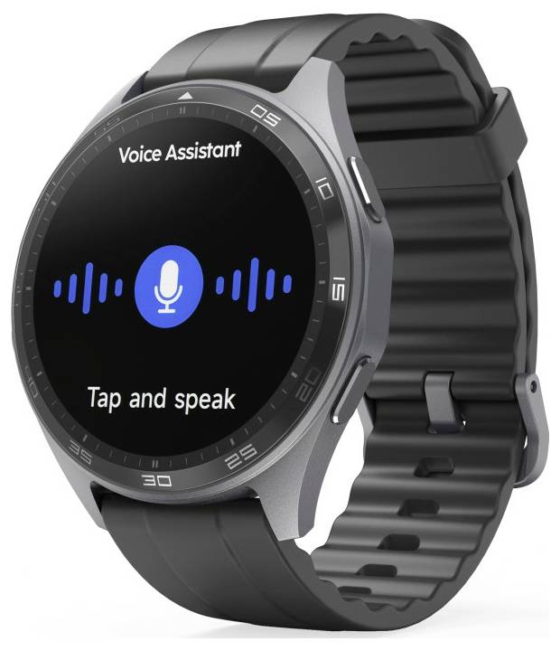 Eine schwarze Smartwatch mit Sprachassistent-Funktion wird gezeigt. Der Bildschirm zeigt ein blaues Mikrofon-Symbol und den Text "Tippen und sprechen".