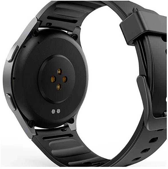 Das Bild zeigt die Rückseite einer schwarzen Smartwatch mit Fokus auf den Herzfrequenzsensor und das Armband-Design.