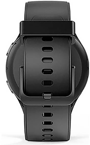 Eine schwarze Smartwatch mit einem Gummiarmband, von hinten gezeigt, wobei die Schnalle und die Armbandhöhlen hervorgehoben werden.
