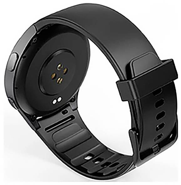 Eine schlanke schwarze Smartwatch mit rundem Gesicht und verstellbarem Armband wird von hinten gezeigt, wobei ihre Sensorbauteile hervorgehoben werden.