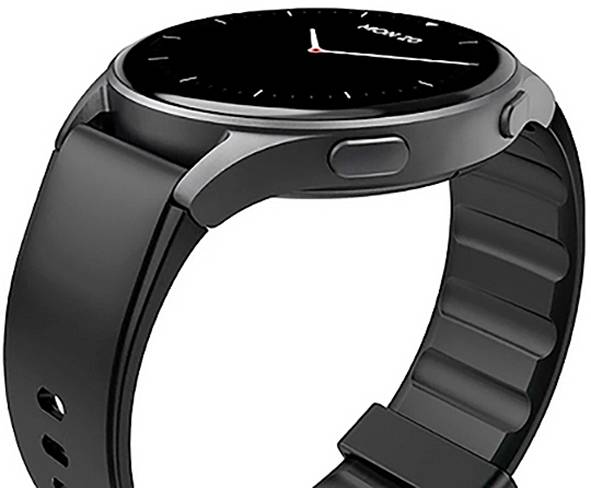 Eine elegante schwarze Smartwatch mit rundem Gehäuse, die ein minimalistisches Design und einen sichtbaren Seitenknopf aufweist, wird in einem schrägen Winkel präsentiert.