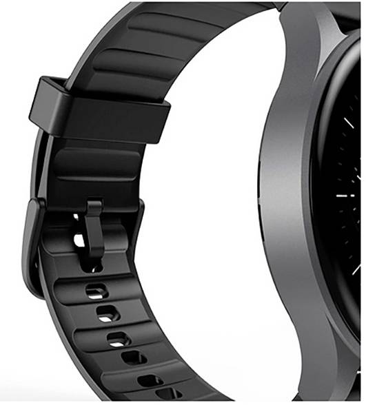 Ein Nahaufnahmebild eines schwarzen Smartwatch-Bandes mit einem metallfarbenen Gehäuse, das sein strukturiertes Design und die verstellbare Schnallenverschlusses präsentiert.