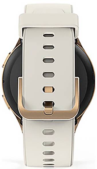 Eine beige Smartwatch mit einer goldenen Schnalle und mehreren Einstellungslöchern, von hinten gezeigt, um das Design des Armband und des Verschlusses zu betonen.
