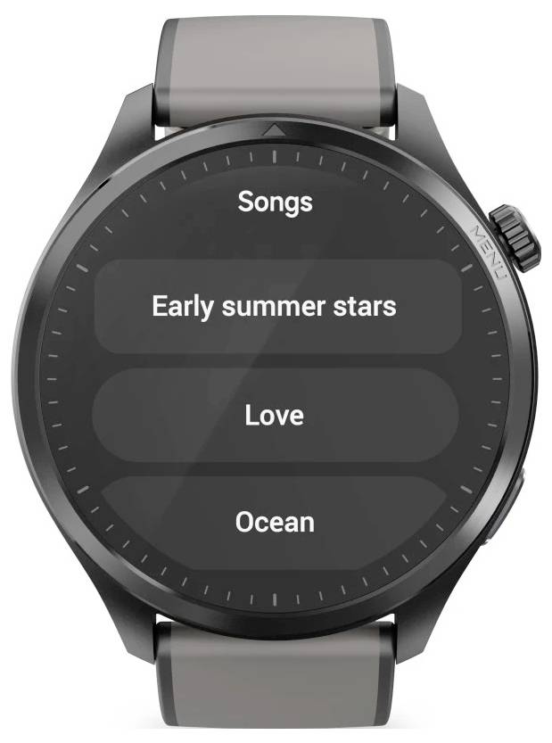 Smartwatch-Display mit Wiedergabelisten-Optionen: 'Songs', 'Frühe Sommersterne', 'Liebe', 'Ozean'.