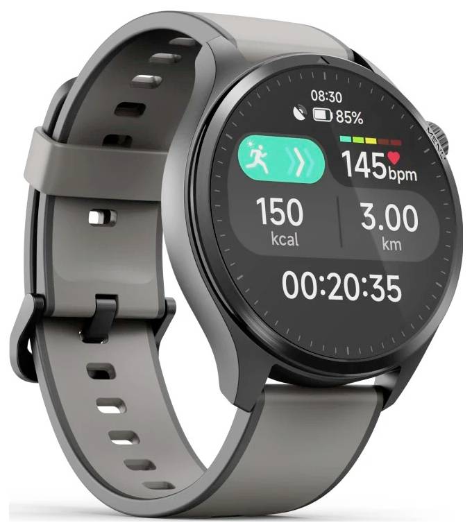 Eine Smartwatch mit Trainingsdaten: 145 bpm Herzfrequenz, 150 kcal verbrannt, 3 km Strecke, vergangene Zeit 00:20:35, Akku bei 85%.