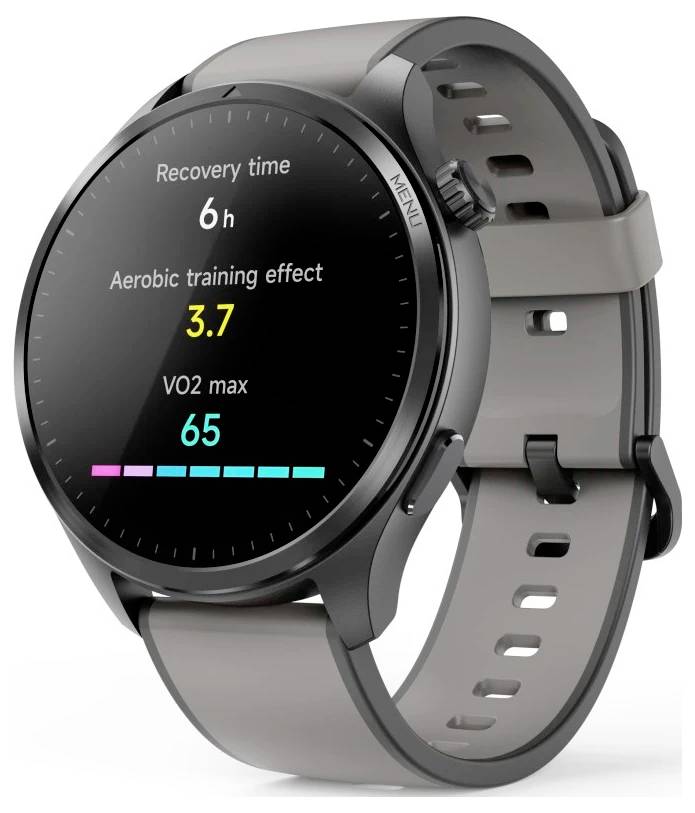 Smartwatch zeigt eine Erholungszeit von 6 Stunden, einen aeroben Trainingseffekt von 3,7 und einen VO2max-Wert von 65 auf einem runden, dunklen Bildschirm.