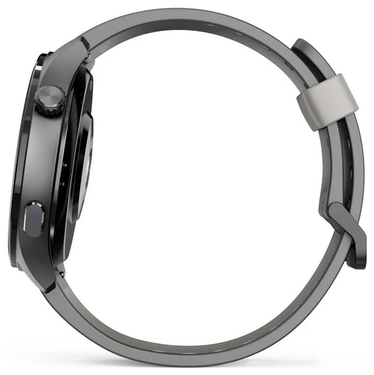 Eine elegante schwarze Smartwatch mit einer seitlichen Drehkrone und Tasten, in einer Seitenprofilansicht, die ihr schlankes und modernes Design betont.